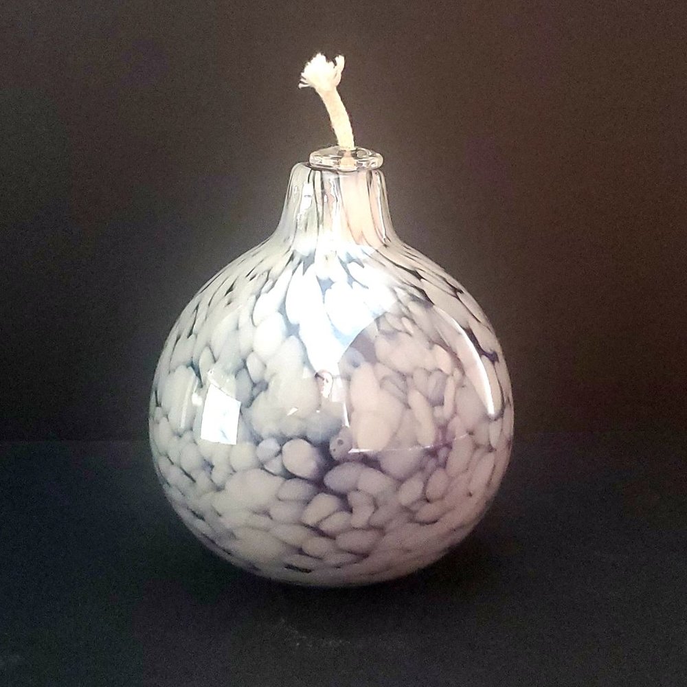 Hand Blown Splattered Art Glass Oil Lamp Blue & White LIKE NEW